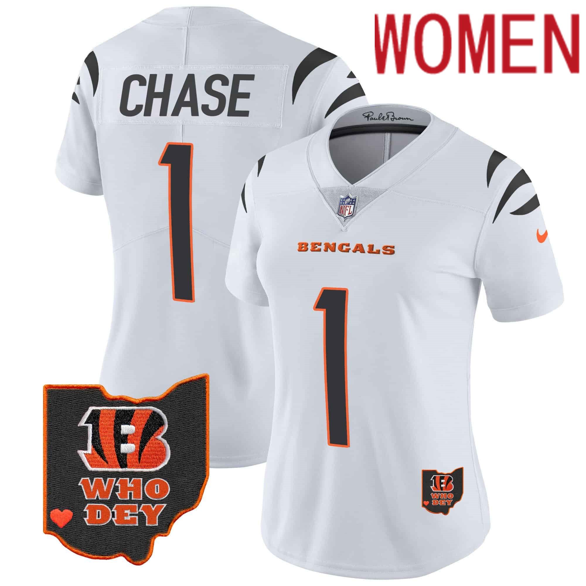 Women Cincinnati Bengals #1 Chase White 2024 Nike Patch Vapor Limited NFL Jersey